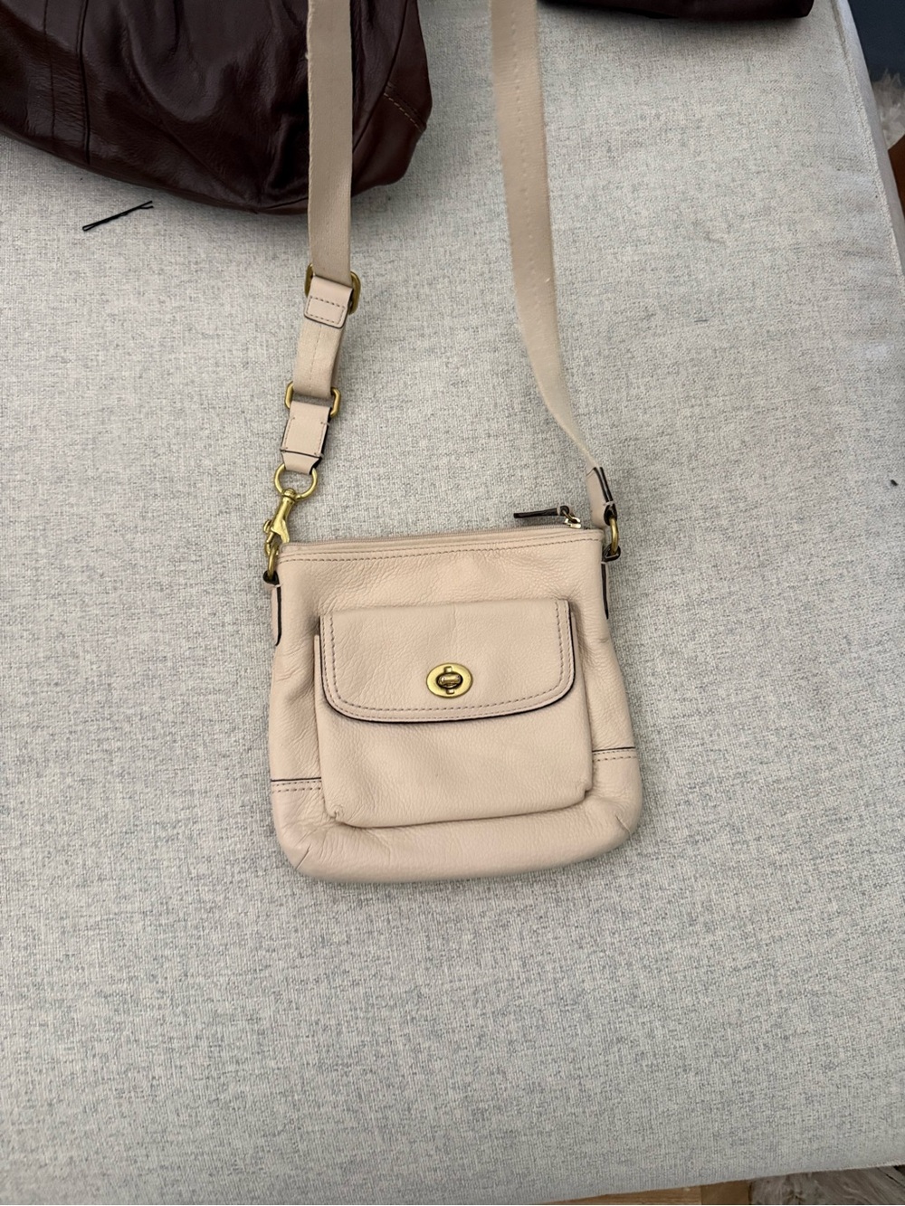 Beige Leather Crossbody Bag with Front Pocket